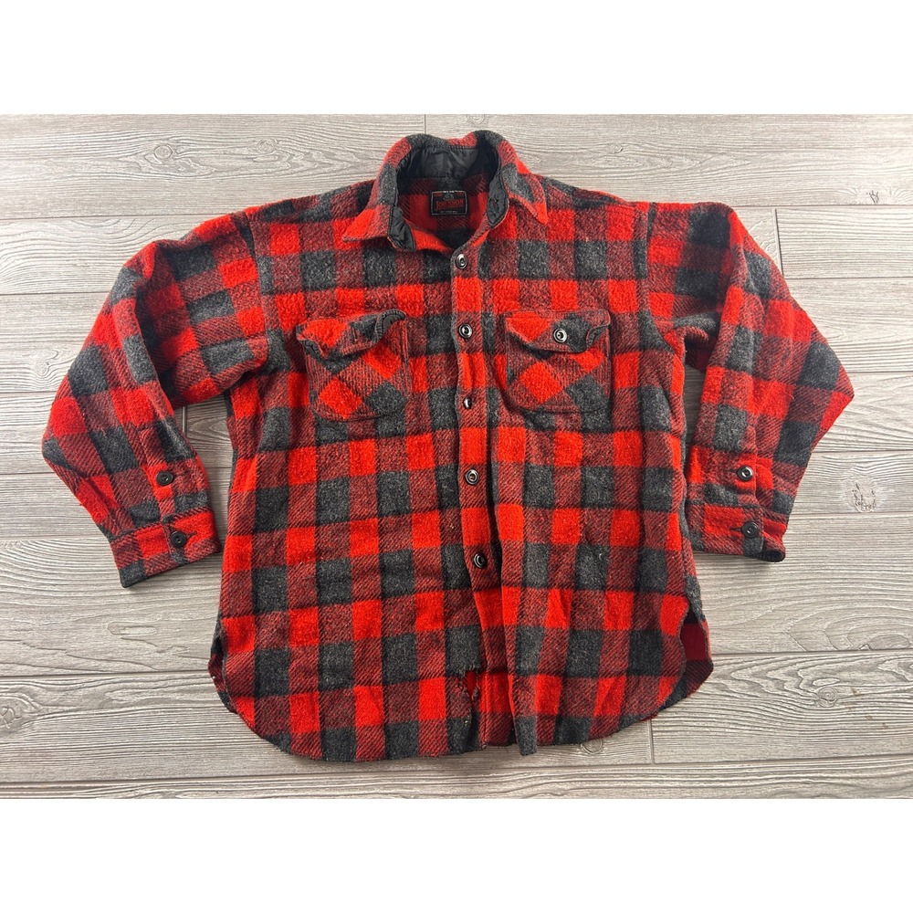 Johnson Woolen Mills Buffalo Plaid Wool Shirt Jacket Red Black Mens L Vintage
